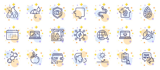 Outline set of Timeline, Waterproof umbrella and Website education line icons for web app. Include Fake news, Eye detect, Fingerprint access pictogram icons. Maze attention, Fire energy. Vector