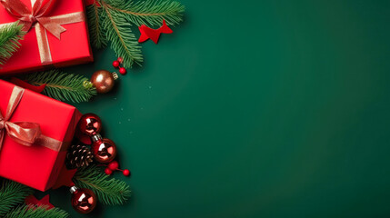 Merry Christmas banner with red gift boxes, tree branches and golden decoration on green background. Happy new year. Copy space.