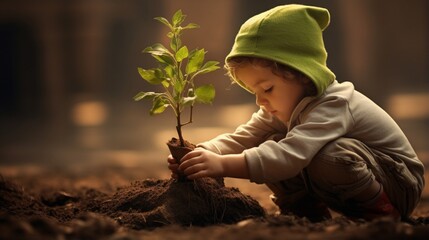 Child play planting the green tree in the garden