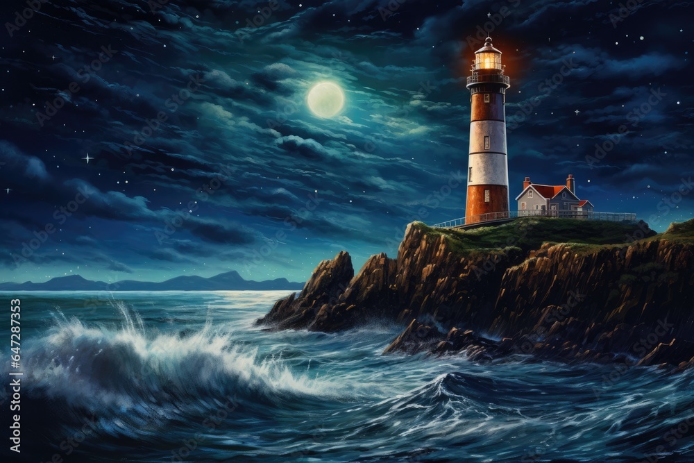 Poster Lighthouse on an island with the moon in the sky.
