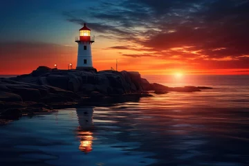 Tuinposter Burning lighthouse on the island at sunset. © Fotograf