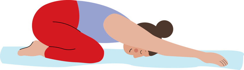 Woman practising yoga illustration, balasana yoga pose. Concept illustration for yoga, meditation, relaxation, recreation, healthy lifestyle. Vector illustration in flat cartoon style