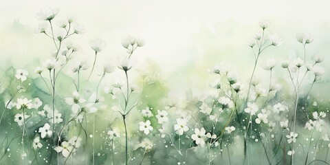 a floral painting of plants in green and white Generative Ai