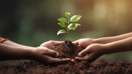 Children and parent holding young tree in hands for planting together with love and unity as save world concept