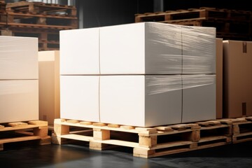 Cardboard boxes on a pallet  ready for delivery in a warehouse, logistics warehouse delivery...
