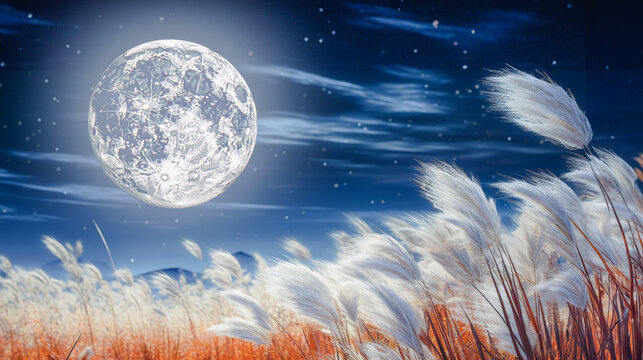満月と月光に映えるススキ
