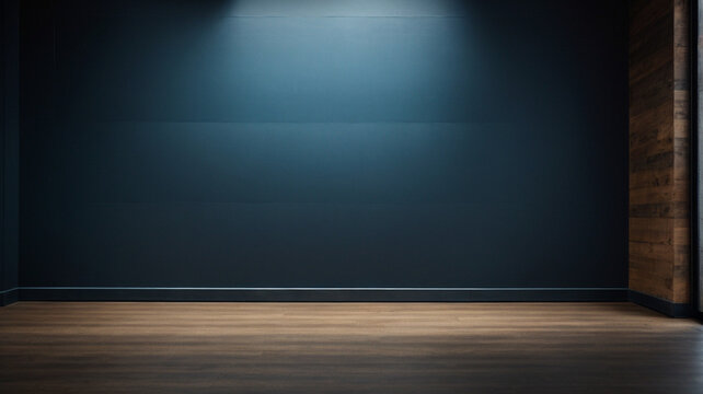 Dark toned empty wall and wooden floor with interesting glow from the window. Interior background, space for text, or furniture display