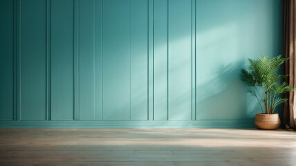 Empty wall in light blue tones and wooden floor with an interesting glow from the window. Interior background, space for text or furniture display.