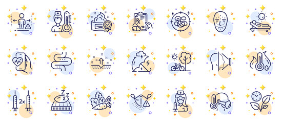 Outline set of Social distance, Mattress and Prescription drugs line icons for web app. Include Cream, Medical mask, Lounger pictogram icons. Intestine, Thermometer, Stress signs. Vector