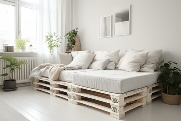 White DIY pallet couch in a Scandinavian-style living room with a sofa. Simple interior design. Generative AI