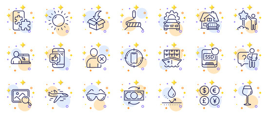 Outline set of Furniture moving, Search photo and Moving service line icons for web app. Include Sunny weather, Mobile like, Bordeaux glass pictogram icons. Smartphone target. Vector