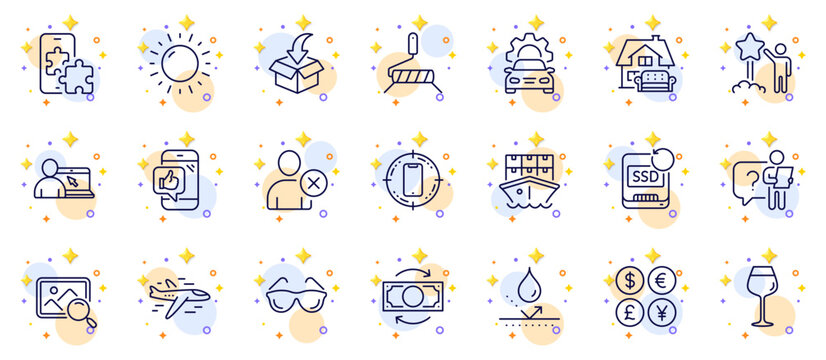 Outline set of Furniture moving, Search photo and Moving service line icons for web app. Include Sunny weather, Mobile like, Bordeaux glass pictogram icons. Smartphone target. Vector