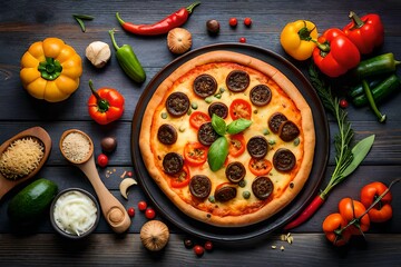 Cheese pizza with vegetables, bell peppers, olives, mushrooms and oregano from top view. High...