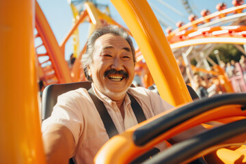 A cheerful elderly chinese asian man with a white beard rides a roller coaster