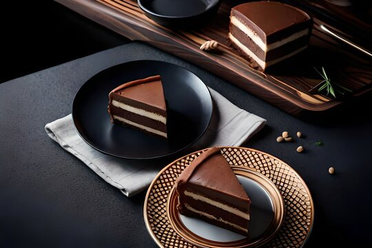 chocolate cake on black plate top view. High quality photo. 