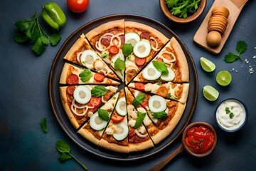 Shawarma pizza, shawarma with vegetables and cheese. High quality photo