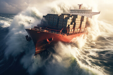 A container ship tossed by the waves and floating on a raging sea.  - obrazy, fototapety, plakaty