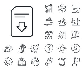 Information File sign. Salaryman, gender equality and alert bell outline icons. Download Document line icon. Paper page concept symbol. Download file line sign. Spy or profile placeholder icon. Vector
