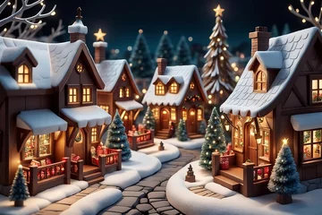Foto op Canvas A snow-covered village with twinkling lights and a giant Christmas tree © Saly