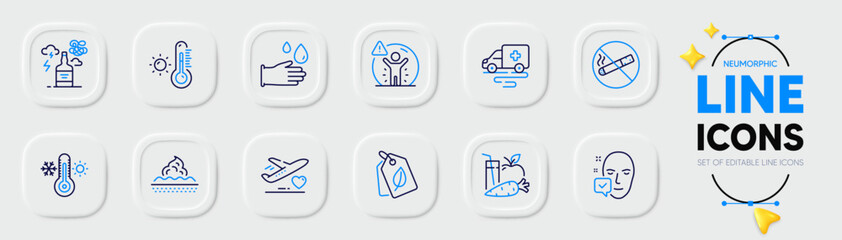 Thermometer, Face accepted and Weather thermometer line icons for web app. Pack of Social distance, Medical flight, No smoking pictogram icons. Skin care, Bio tags, Ambulance transport signs. Vector