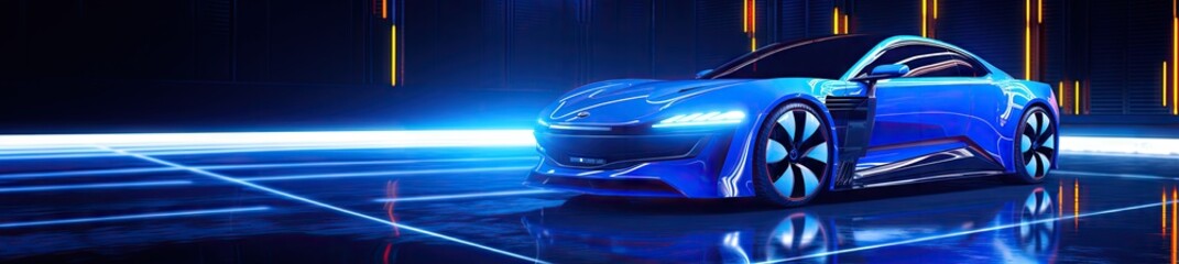 Futuristic Blue Neon Car Scene - Auto Design in Luminescent Shades - Background with Empty Copy Space for Text  - Fictional Conceptional Car Wallpaper Blue Neon created with Generative AI Technology