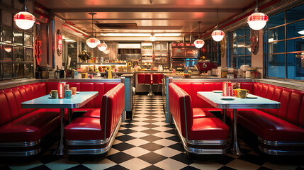 A diner styled from the 1950s boasts checkered floors, neon lights, and classic red booths.