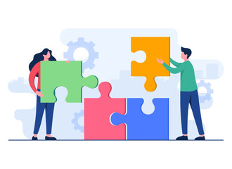 Businesspeople join jigsaw puzzle pieces flat illustration vector template, Teamwork, Partnership, Cooperation, Achievement, Solution, Problem-solving, 