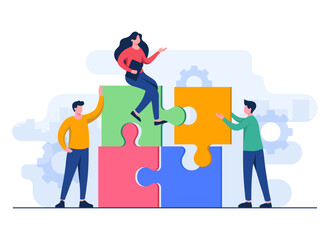 People connect and match puzzle parts together flat illustration,  Teamwork, Partnership, Cooperation, Achievement, Solution, Problem-solving, New ideas