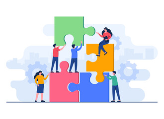 Businesspeople connect jigsaw puzzle pieces flat illustration vector template, Teamwork, Partnership, Cooperation, Achievement, Solution, Problem-solving, 