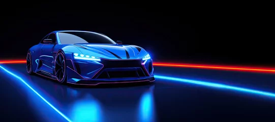 Fotobehang Futuristic Blue Neon Car Scene - Auto Design in Luminescent Shades - Background with Empty Copy Space for Text  - Fictional Conceptional Car Wallpaper Blue Neon created with Generative AI Technology © Vehicles Generative