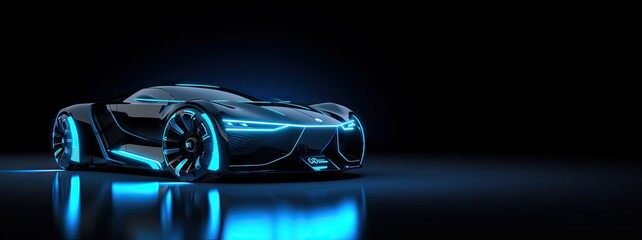 Futuristic Blue Neon Car Scene - Auto Design in Luminescent Shades - Background with Empty Copy Space for Text  - Fictional Conceptional Car Wallpaper Blue Neon created with Generative AI Technology - obrazy, fototapety, plakaty