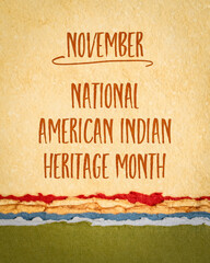 November - National American Indian Heritage Month, handwriting on art paper, reminder of historical and cultural event