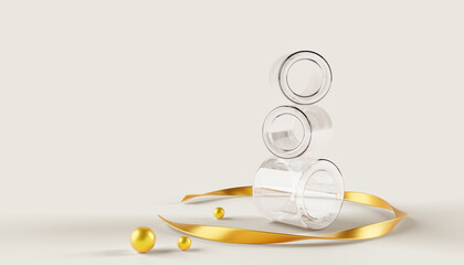 Abstract geometric 3d composition of stack transparent glass cylinders, tubes or pipes with gold spiral ribbon and metal spheres. Clear plastic or acrylic shapes on white background. 3D illustration