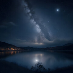 Naklejka na ściany i meble Tranquil Reflections: Celestial Bodies Illuminate Night Sky over Mountain Lake