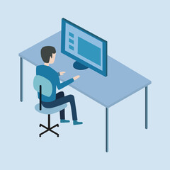 Office worker vector illustration. Blue background.
