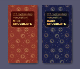 Vector set of chocolate bar package design with golden pattern.