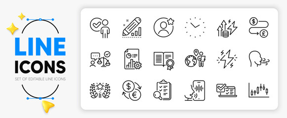 Time, Power and Breathing exercise line icons set for app include Money transfer, Inspect, Online survey outline thin icon. Lawyer, Energy inflation, Report pictogram icon. Vector