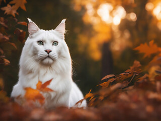 Naklejka na ściany i meble Photo of a white cat in a forest with orange leaves in autumn. 