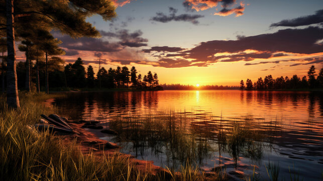 A Tranquil View of a Finnish Lake and Sky at Twilight