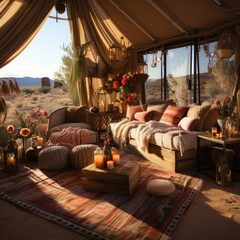 Obraz na płótnie Canvas A bohemian desert tent with kilim rugs 