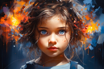 Painting of young girl with blue eyes and messy hair.