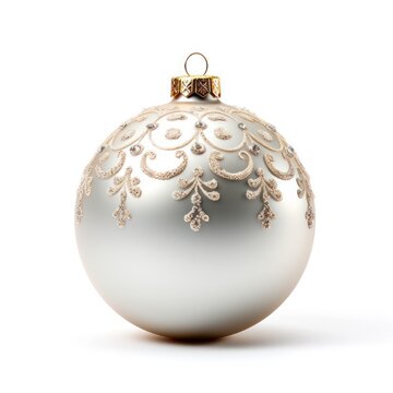 Christmas Ornament, Decorated Silver Xmas Bauble Isolated On White Background