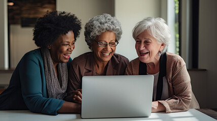 Three elderly women looking at a computer together