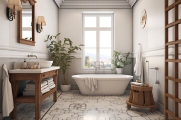 Fototapeta na wymiar a modern white bathroom with natural wood flooring and woodwork ,a window and a white bathtub