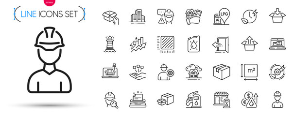 Pack of Foreman, Consumption growth and Builder warning line icons. Include Green energy, Lighthouse, Furniture pictogram icons. Engineer, Parcel, Get box signs. Inspect, Packing boxes. Vector