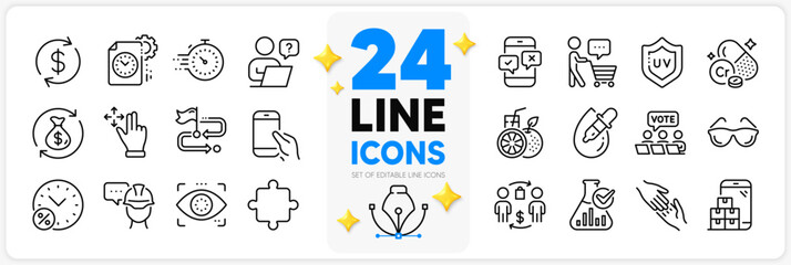 Icons set of Hold smartphone, Orange juice and Loan percent line icons pack for app with Online voting, Eyeglasses, Uv protection thin outline icon. Eye drops, Foreman, Helping hand pictogram. Vector