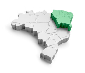 Isometric map of brazil with emphasis on the northeast region on transparent background in 3d rendering