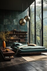 Luxurious nature inspired bedroom with wood and stone details, LED lights, bed covers and premium rugs. Designer bedroom