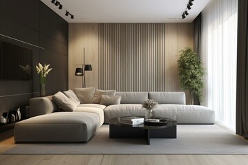 Rendered interior design of a contemporary living room with a modern wall backdrop. Generative AI