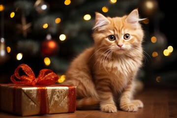 Photo of a festive ginger cat sitting next to a beautifully decorated Christmas tree and lovely wrapped Christmas presents - created with Generative AI technology